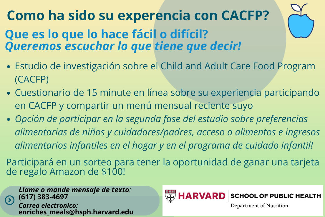 Espaniol CACFP - cuestionario, llame 617-383-4697