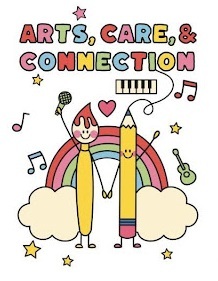 Arts, Care & Connection logo, with paintbrush, pencil and rainbow as background with stars and music notes
