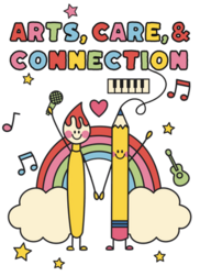 Arts care and connection logo with animation of two pencils in front of a rainbow