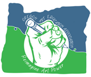 oaea logo with hand and pencil on the state of oregon