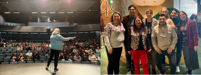 Two photos show show a diverse group of people and a person on a stage