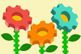 Three colorful flowers with green leaves on a yellow background