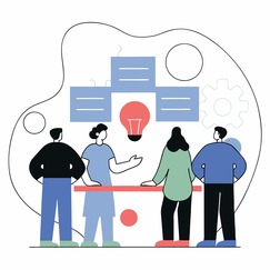  Illustration of a team, standing around a table, engaged in a brainstorming session