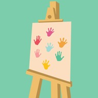 An easel with a picture of hand prints on it