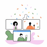 Illustration of a remote team, celebrating a project success through a virtual call 