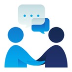 Two people shaking hands with speech bubbles above them