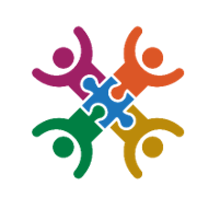 Four people figures connected by a puzzle piece