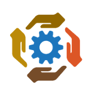 Graphic of hands in a circle with a gear in the center