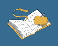 An illustration of an open book with a yellow ribbon bookmark and a yellow apple placed on top of the right page