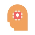  Orange profile of a human head with a light bulb icon inside.