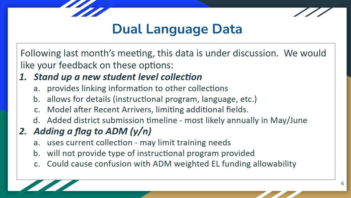 Slide titled Dual Language Data showing two options: new student-level collection or ADM flag with pros/cons