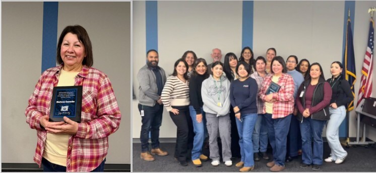 Two side‑by‑side photos show a woman holding a recognition plaque and a group photo with her standing among colleagues.