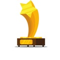 A stylized gold trophy with a star on top displayed on a base.