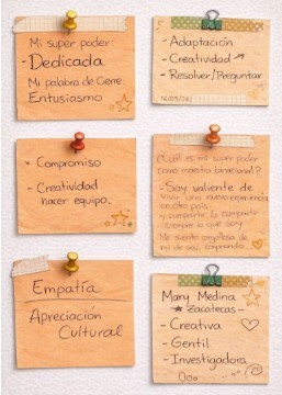 Sticky notes listing teachers’ superpowers such as dedication, empathy, and creativity