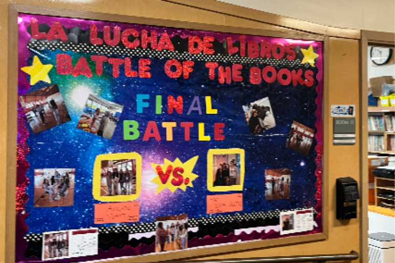 Bilingual “Battle of the Books” bulletin board in a classroom