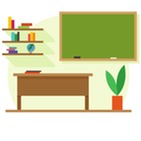 Illustration of a classroom with a desk, chalkboard, bookshelves, and a potted plant.