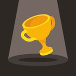 A floating golden trophy spotlighted