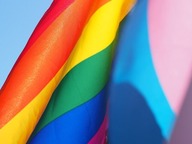 Colorful rainbow fabric draped against a blue background.