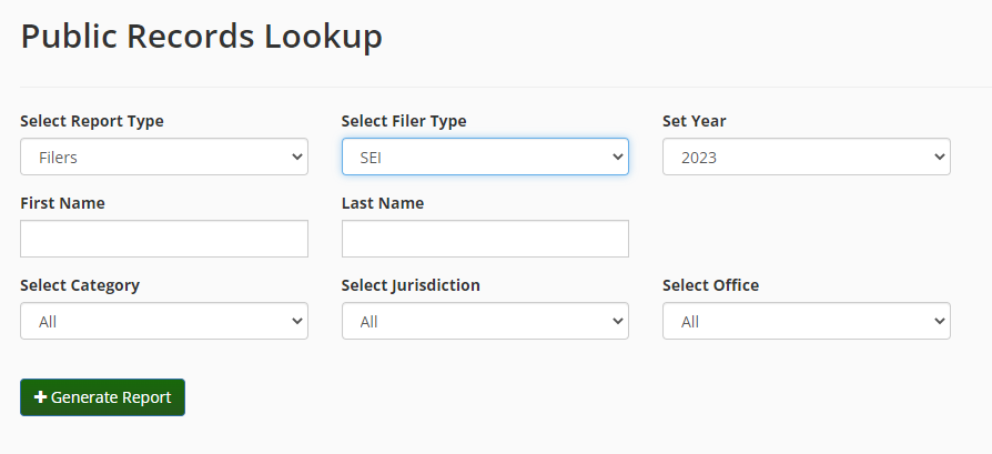 Public Records Lookup Screen Capture, Report Type: Filers, Select Filer Type: SEI, Set Year: 2023