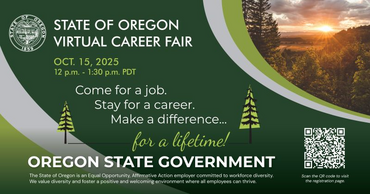 An image advertising the State of Oregon Virtual Career Fair with a registration QR code