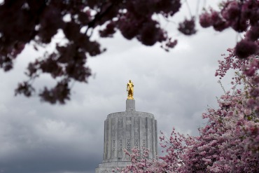 Oregon Capitol with cherry blossoms and statue of tall man