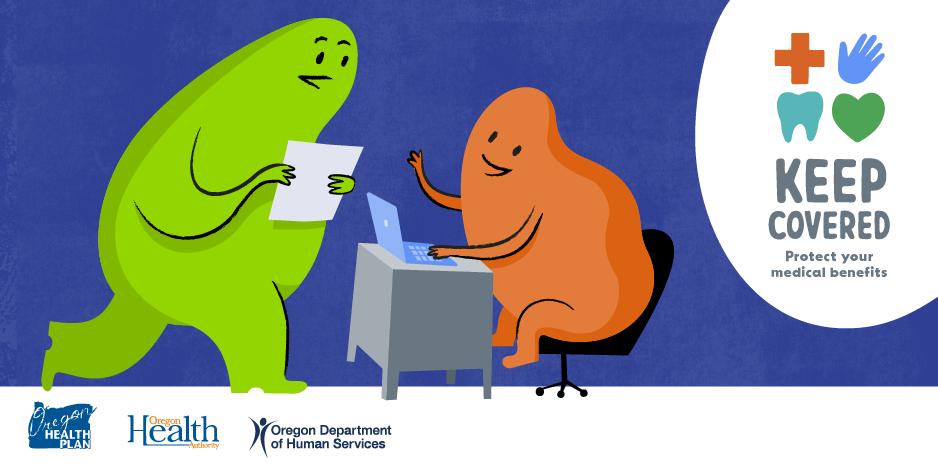 A green blob approaches an orange blob at a desk. A white oval next to them reads, "Keep covered: Protect your medical benefits."