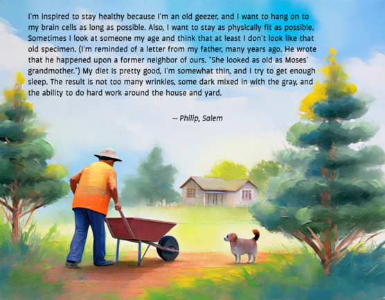 artwork showing old man doing yardwork, with inspirational message
