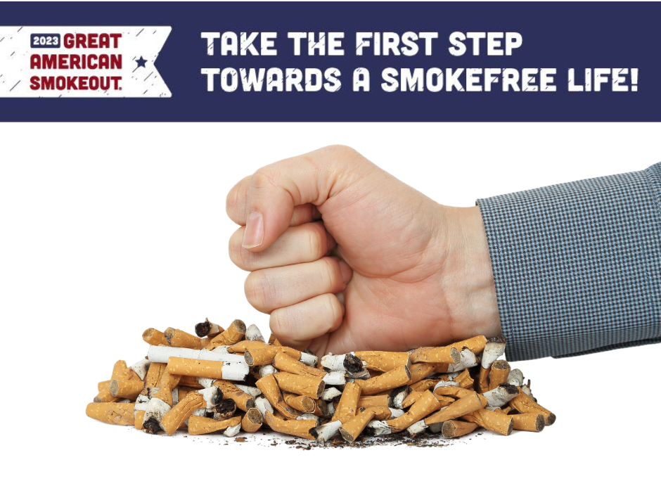 Great American Smokeout graphic with a fist punching a pile of cigarettes