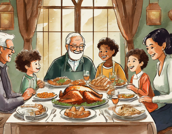 artwork depicting a family eating thanksgiving dinner