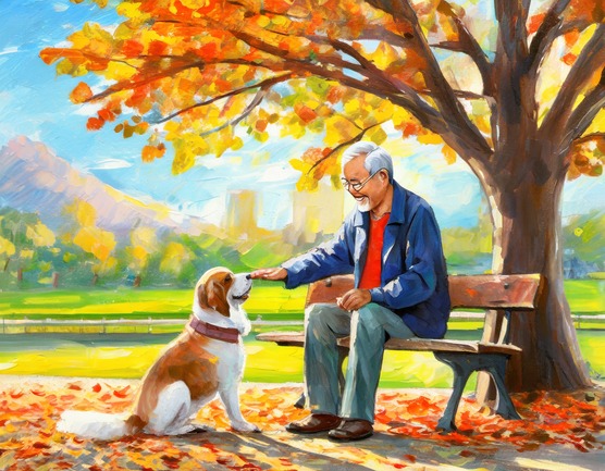 illustration of an older man sitting on a park bench petting a dog