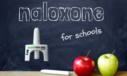 graphic of a schoolroom chalkboard with the word "naloxone" on it