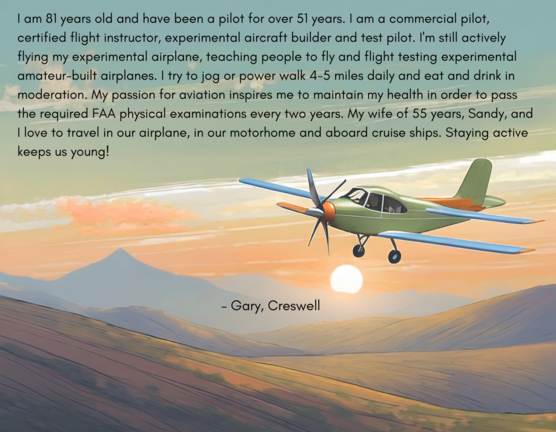 inspirational message atop a graphic of a plane flying across the landscape