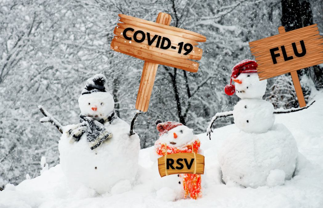 photo of three snowmen, each holding signs saying COVID, RSV and FLU