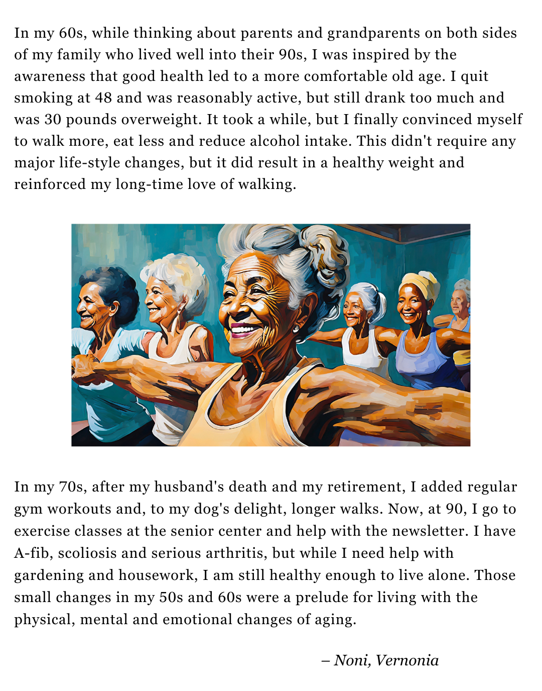 inspiration message with illustration of an elderly woman participating in an exercise class