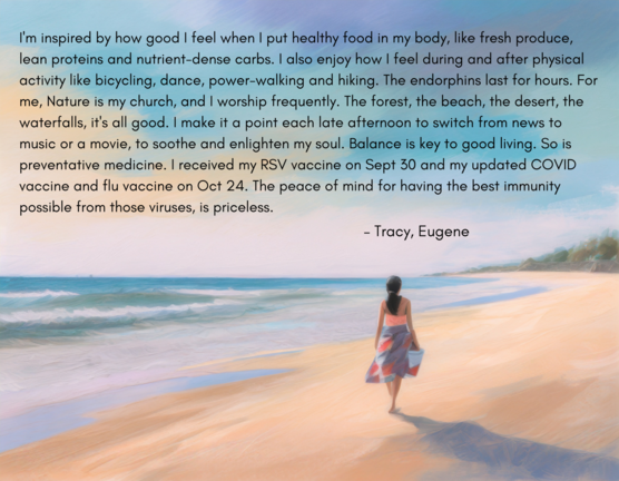 illustration of a person walking along a beach with inspirational message about nature