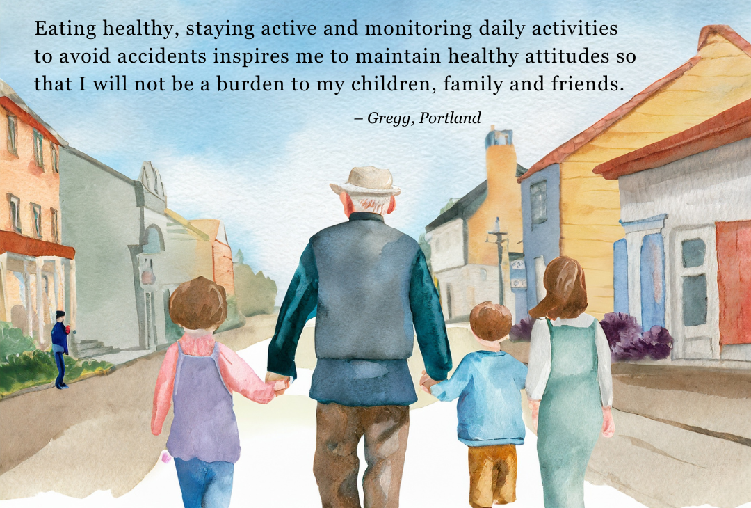 illustration of an older man walking with children down a city street, with inspirational message about staying healthy