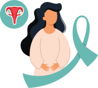 graphic of a woman and uteris and teal colored cervical cancer awareness ribbon