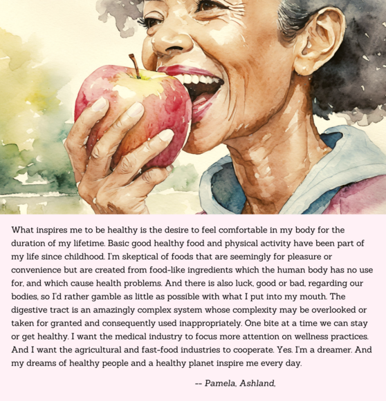 inspirational message about eating healthy with illustration of a woman eating an apple