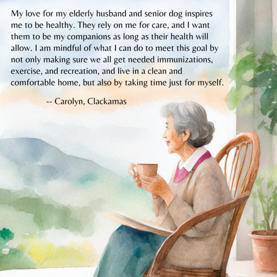 illustration of an older lady sitting by a window drinking coffee, with inspirational message about staying healthy