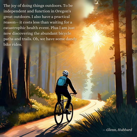 illustration of a man riding his bike through the woods