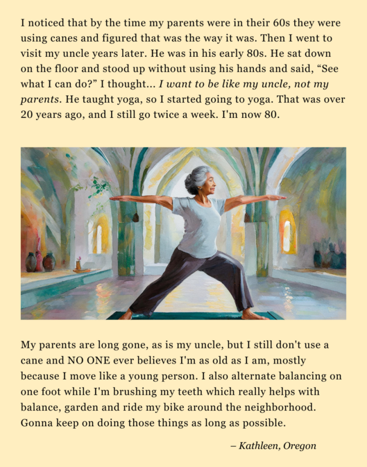 inspiration message about being healthy showing illustration of an older woman doing yoga