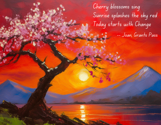 illustration of a cherry blossom against a red sky and sunrise, with poem about mental wellness