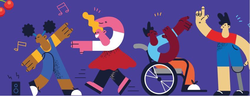 Graphic showing various people working out to music