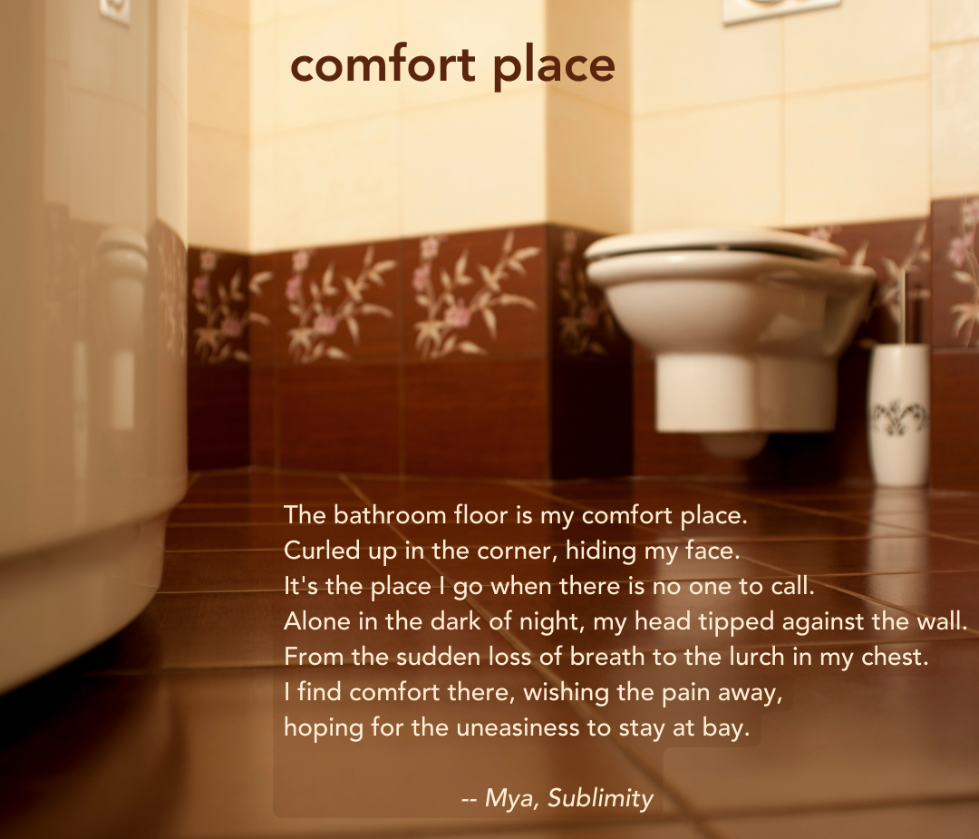 photo of a bathroom floor, with the poem "comfort place" about mental wellness