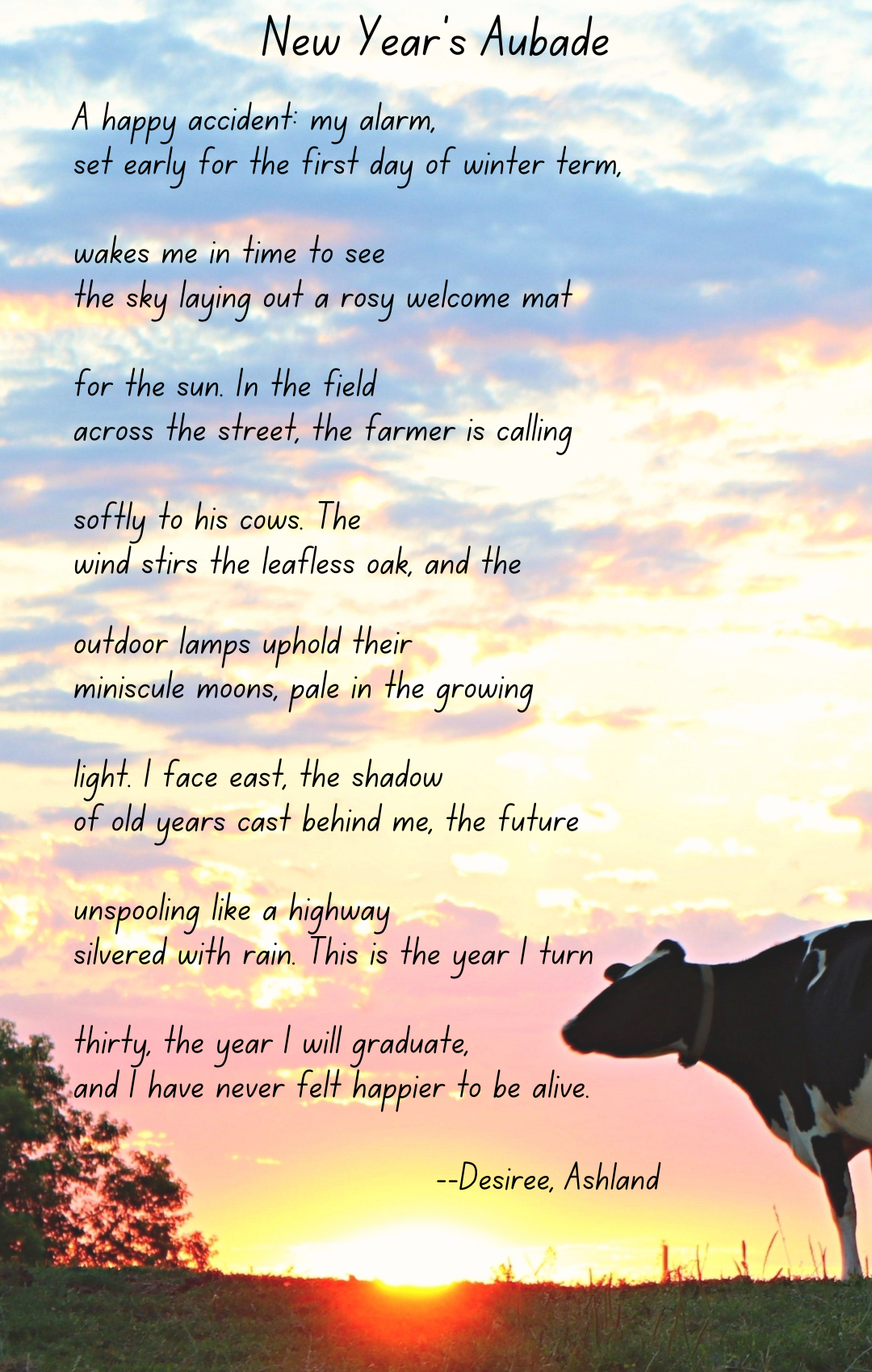 poem about mental wellness against a photo of a sunset and a cow on a farm