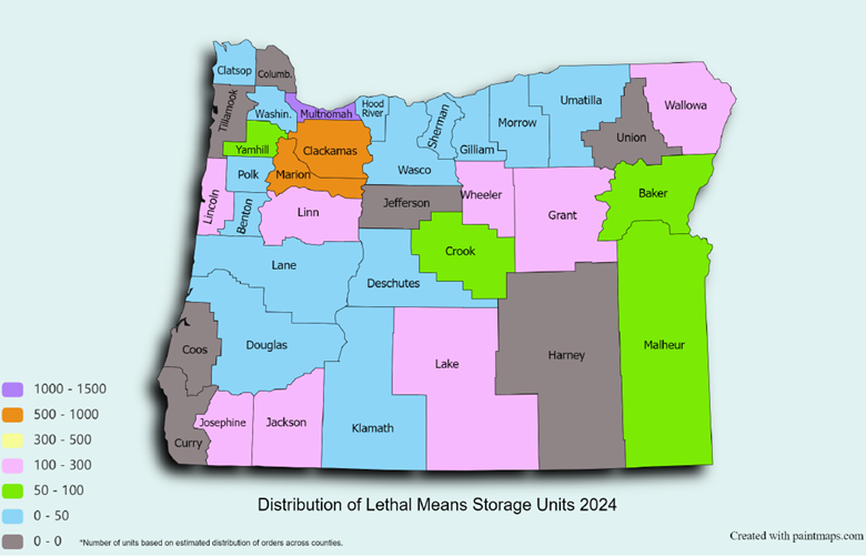 A map that shows how many storage units for lethal means have been distributed by county so far in 2024.