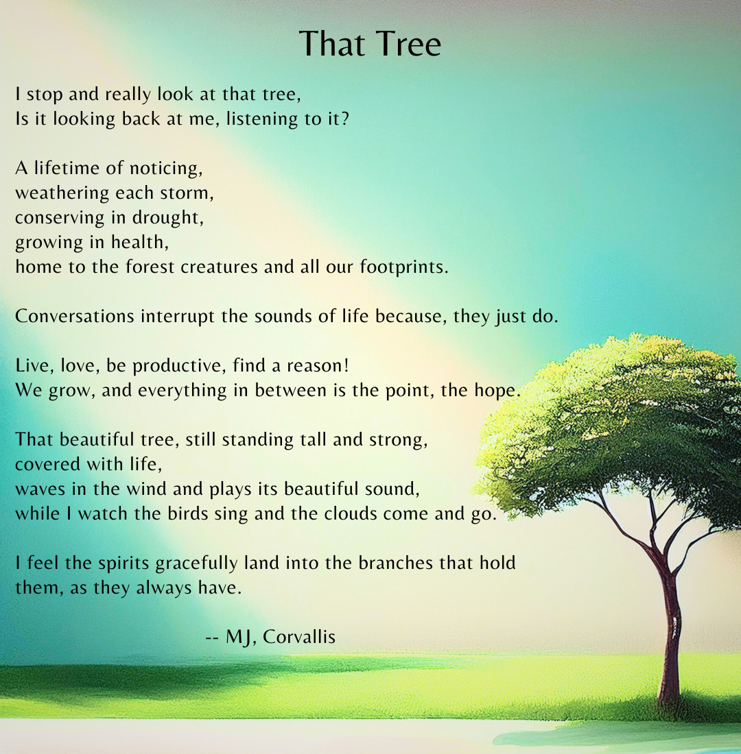 illustration of a lone tree in a field with a sun beam, and a poem titled That Tree