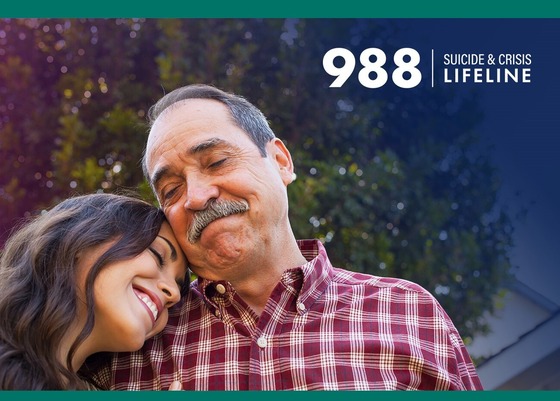 photo of an older man and his daughter embracing, with the 988 Suicide & Crisis Lifeline logo