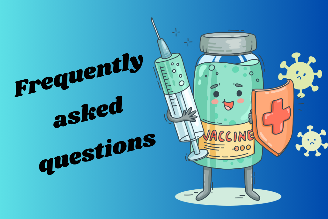 cartoon illustration of a vaccine bottle and syringe, with the words "Frequently asked questions"