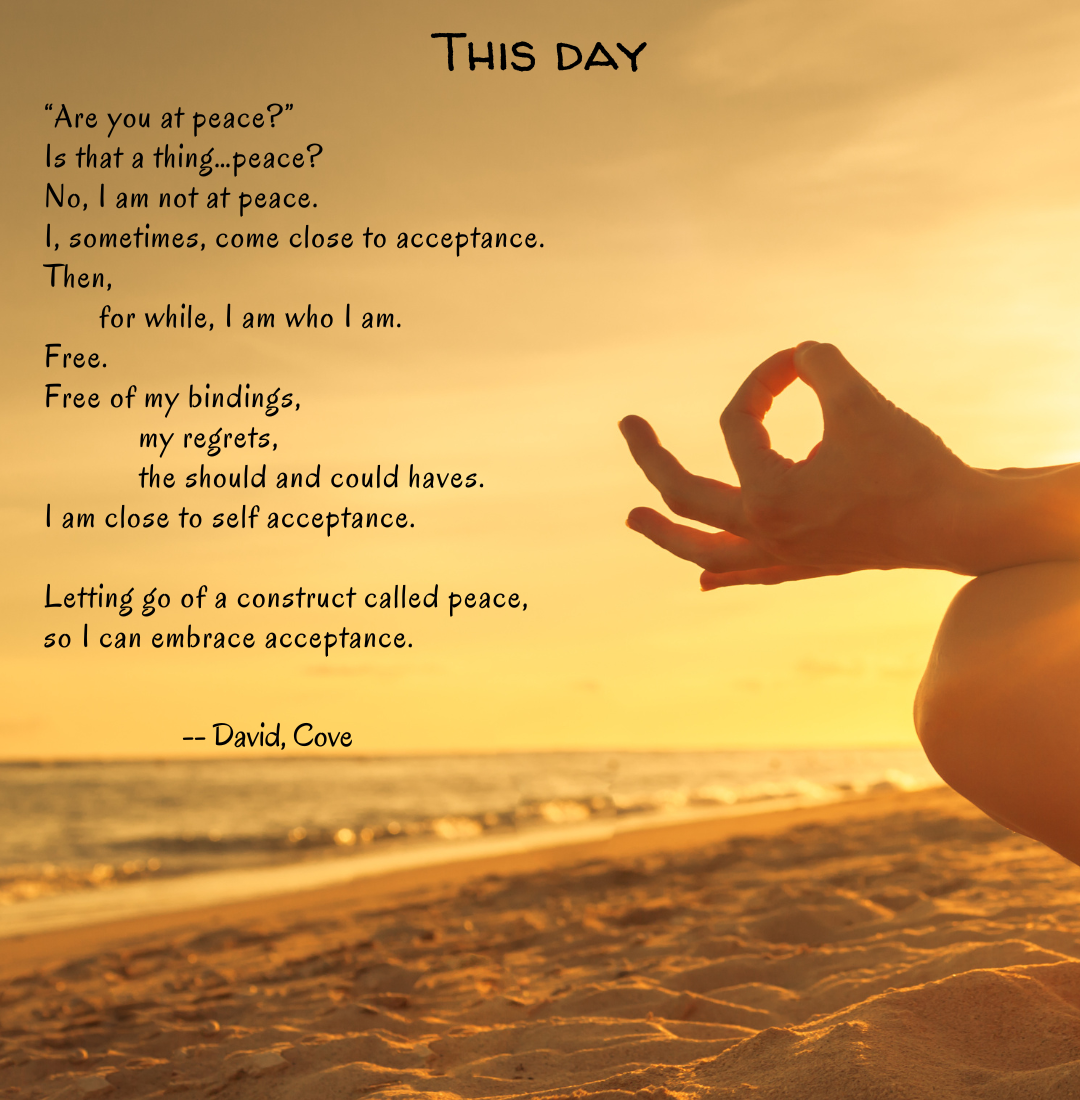 Poem titled "This Day", against the image of a person sitting on a beach in a "peace" lotus pose